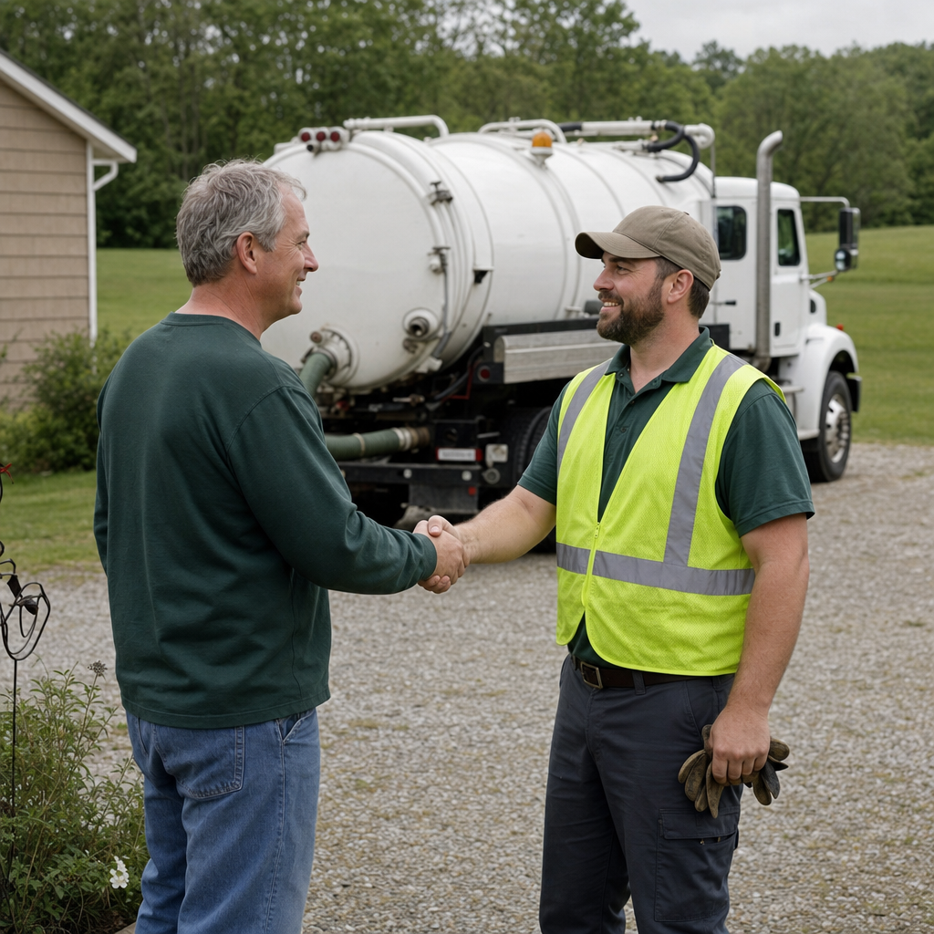 A septic technician shaking a Denver homeowner's hand beside the service truck after a completed pump-out