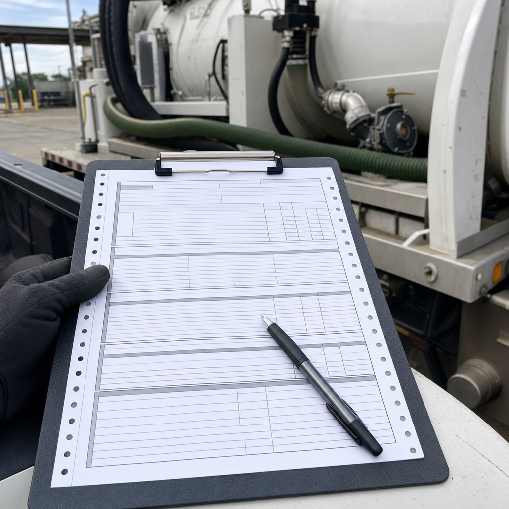 Close-up of a signed waste-disposal manifest on a clipboard at a permitted septic treatment facility