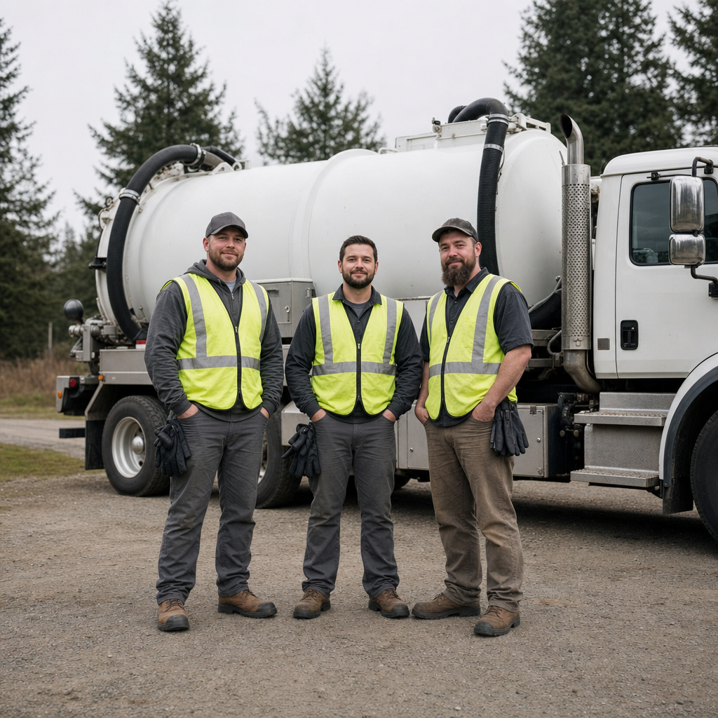 The Denver septic pumping crew standing together beside their clean white vacuum truck on a residential street