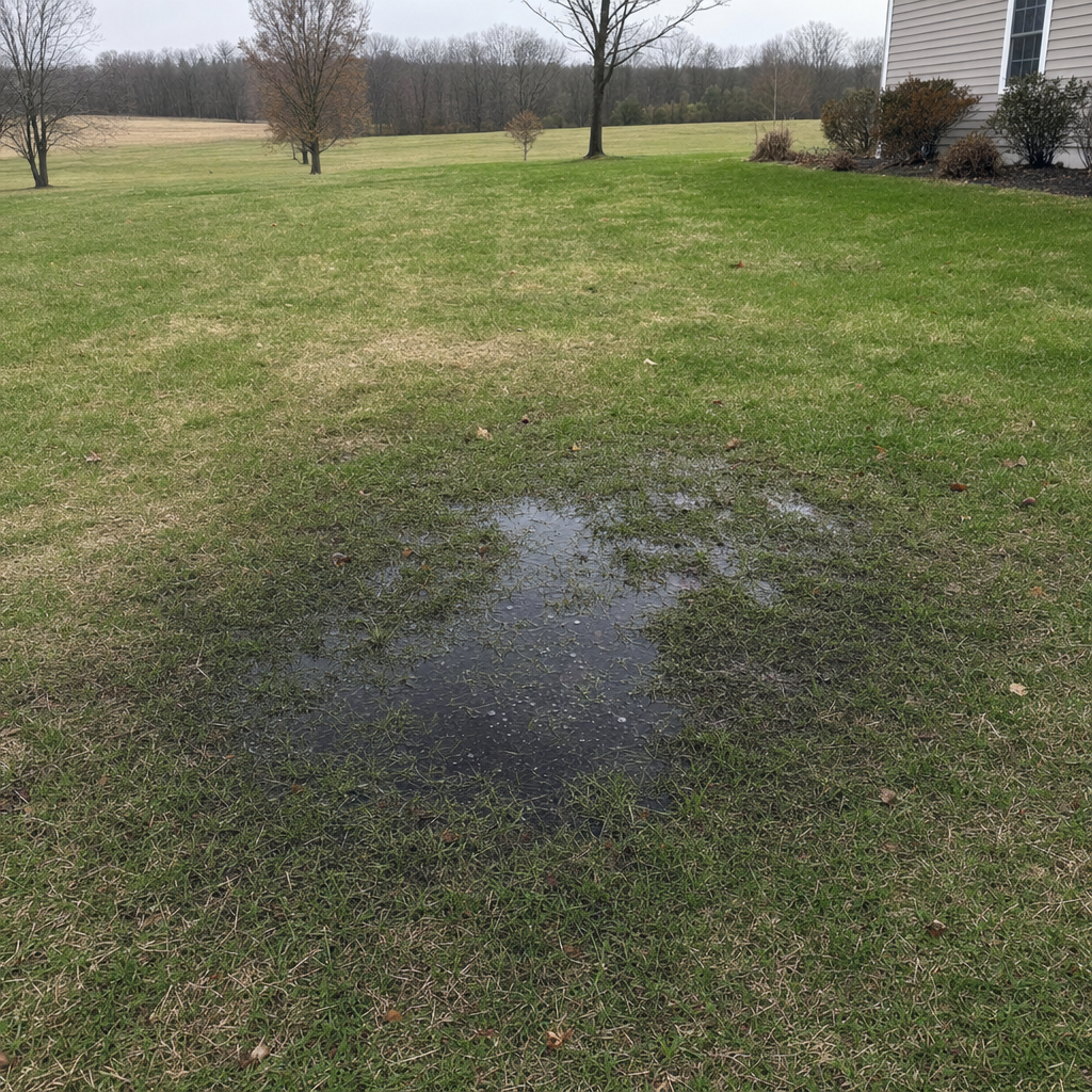 A dark, saturated wet spot in a Denver backyard lawn marking a failing cesspool at capacity