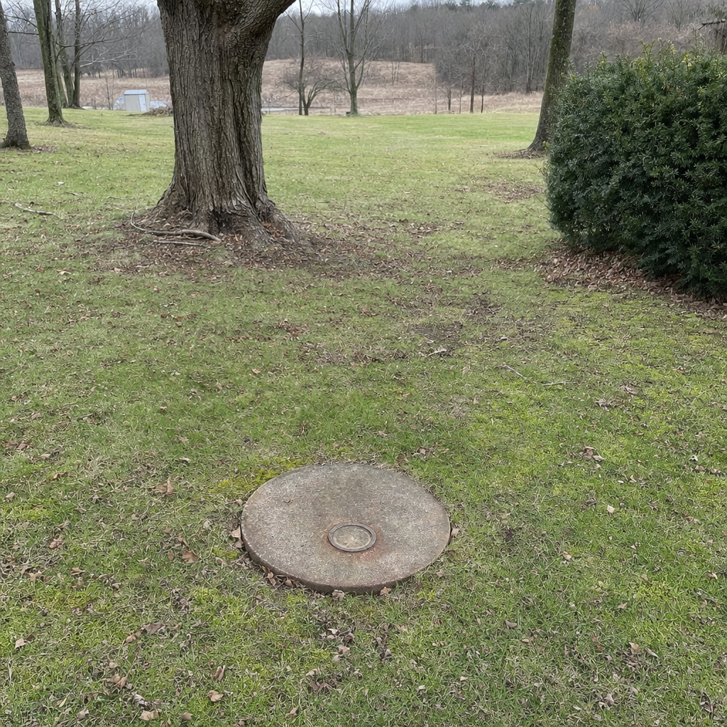 An older round cesspool access lid set flush in an established, mature Denver backyard lawn