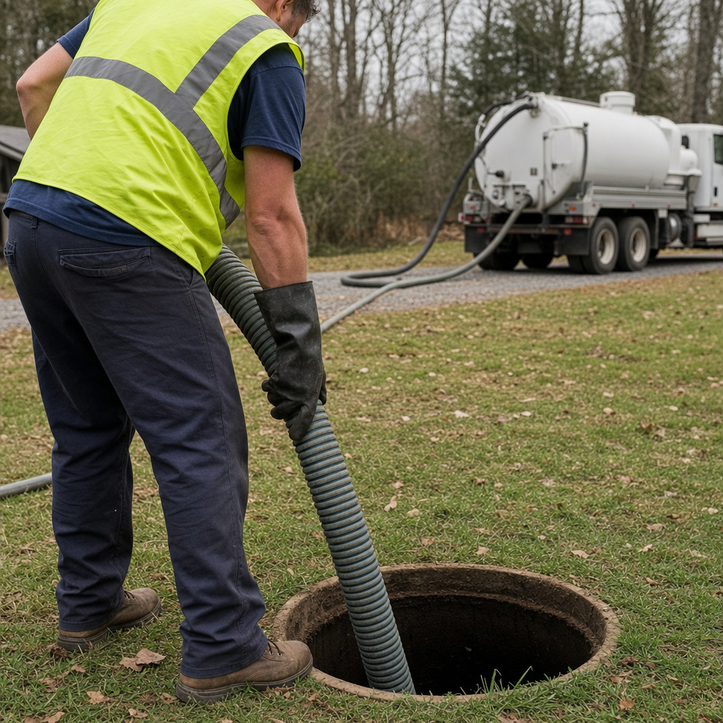 A septic technician feeding a high-pressure jetting hose into an open cesspool pit to clear the lateral lines