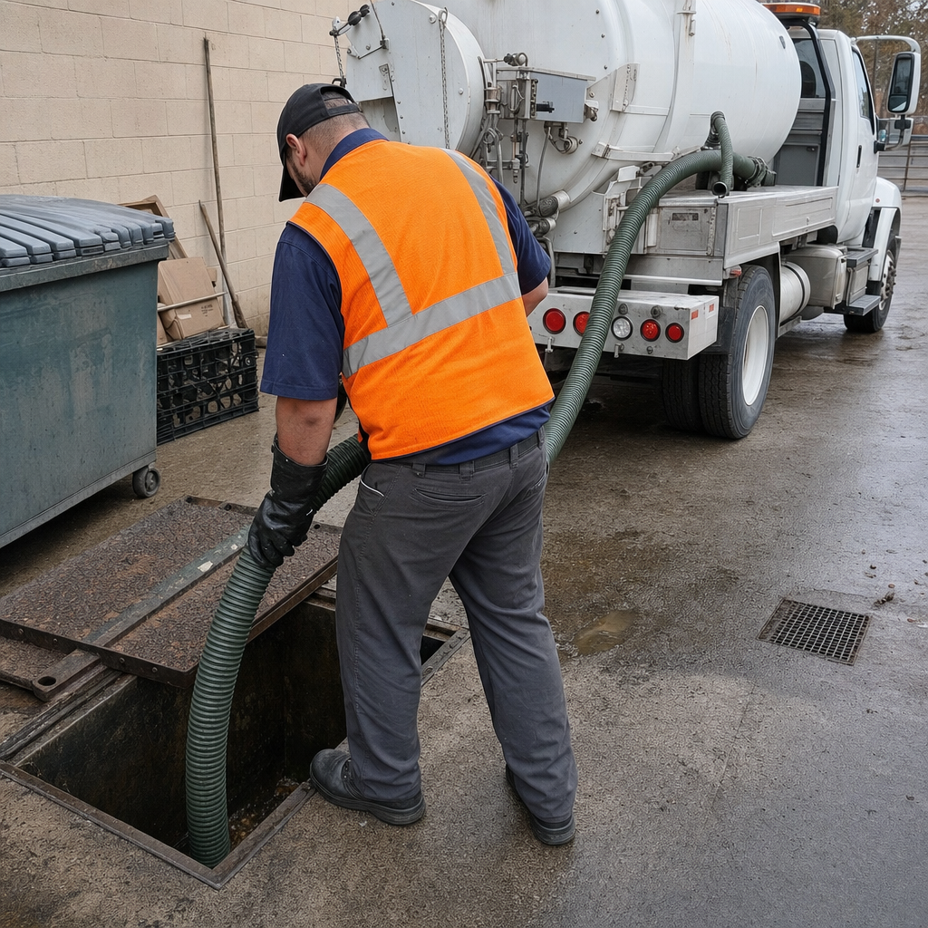 Technician pumping a grease trap behind a Denver restaurant