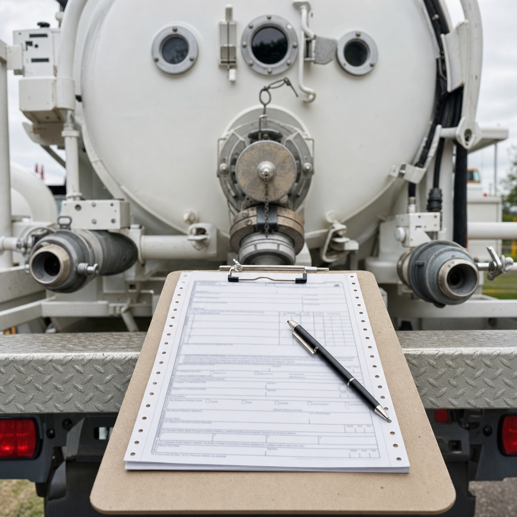 Waste manifest paperwork on a clipboard at the back of a vacuum truck