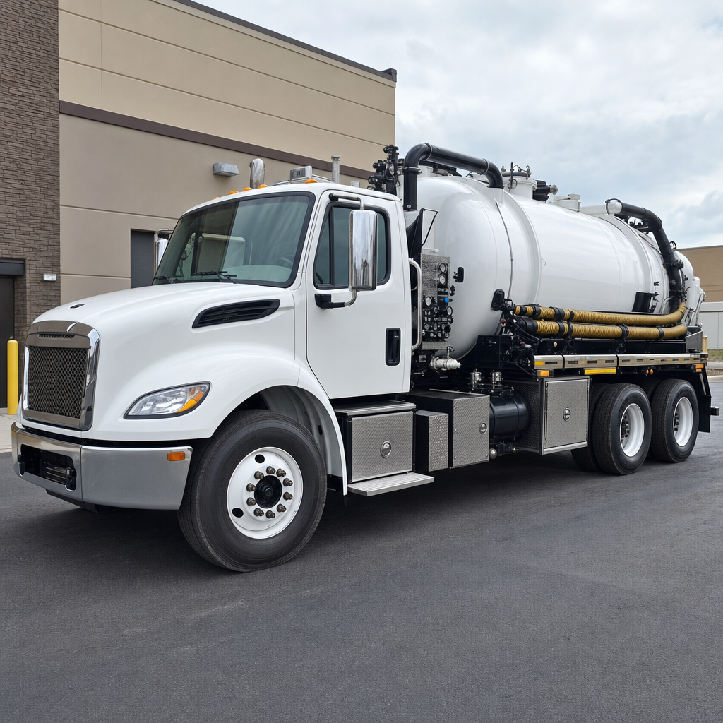 Commercial septic vacuum truck parked in a Denver business parking lot