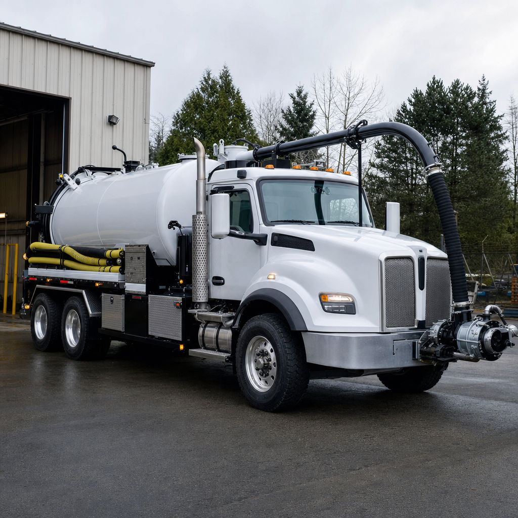 A clean white septic vacuum truck rolling out of a tidy Denver service depot at the start of the day