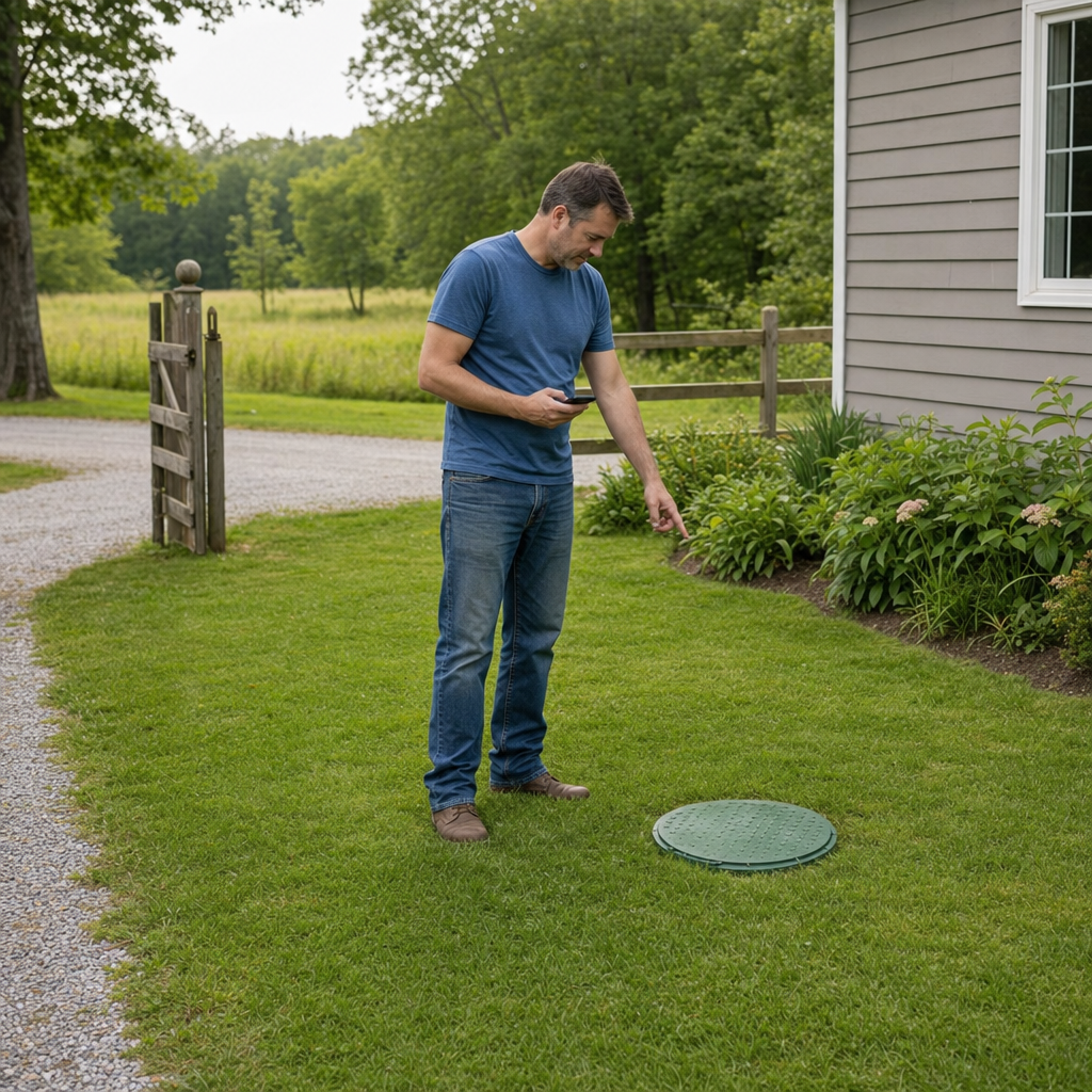 A Denver-area homeowner standing in the backyard noting where the septic tank lid and access route are located