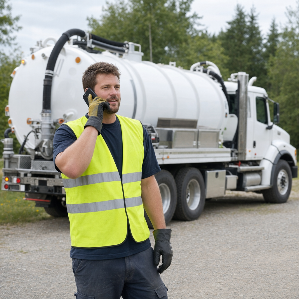 A friendly septic dispatcher holding a phone, ready to answer a Denver homeowner's call about a pump-out