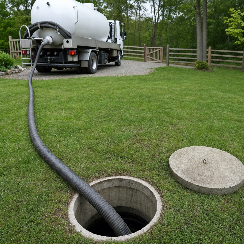 Suction hose connected to an open septic tank, drawing it down in a tidy Denver yard