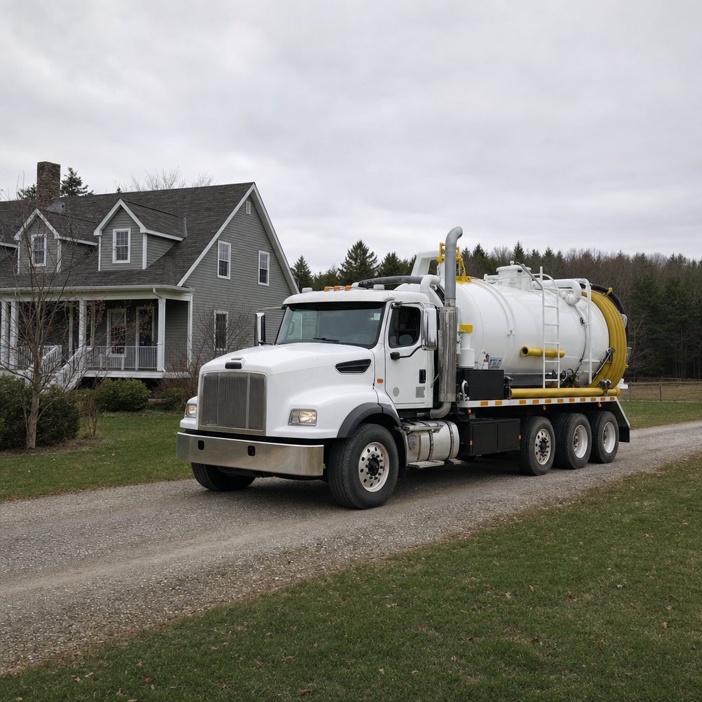 Septic vacuum truck arriving at a Denver home for same-day emergency service