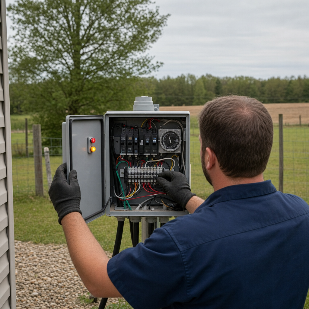 Technician checking an aerobic septic control box with a lit red high-water alarm during a same-day Denver visit