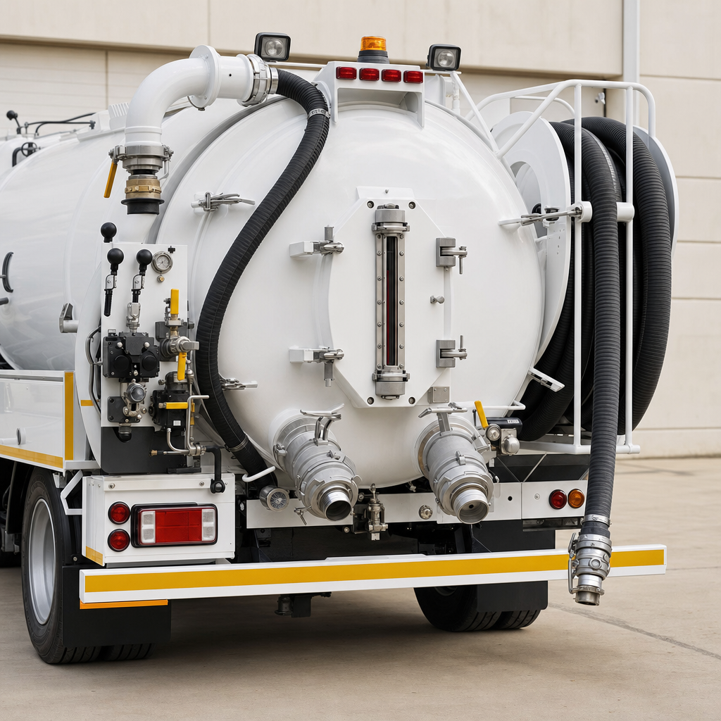 Close-up detail of a clean, well-maintained white septic vacuum truck tank with its ribbed suction hose coiled and ready
