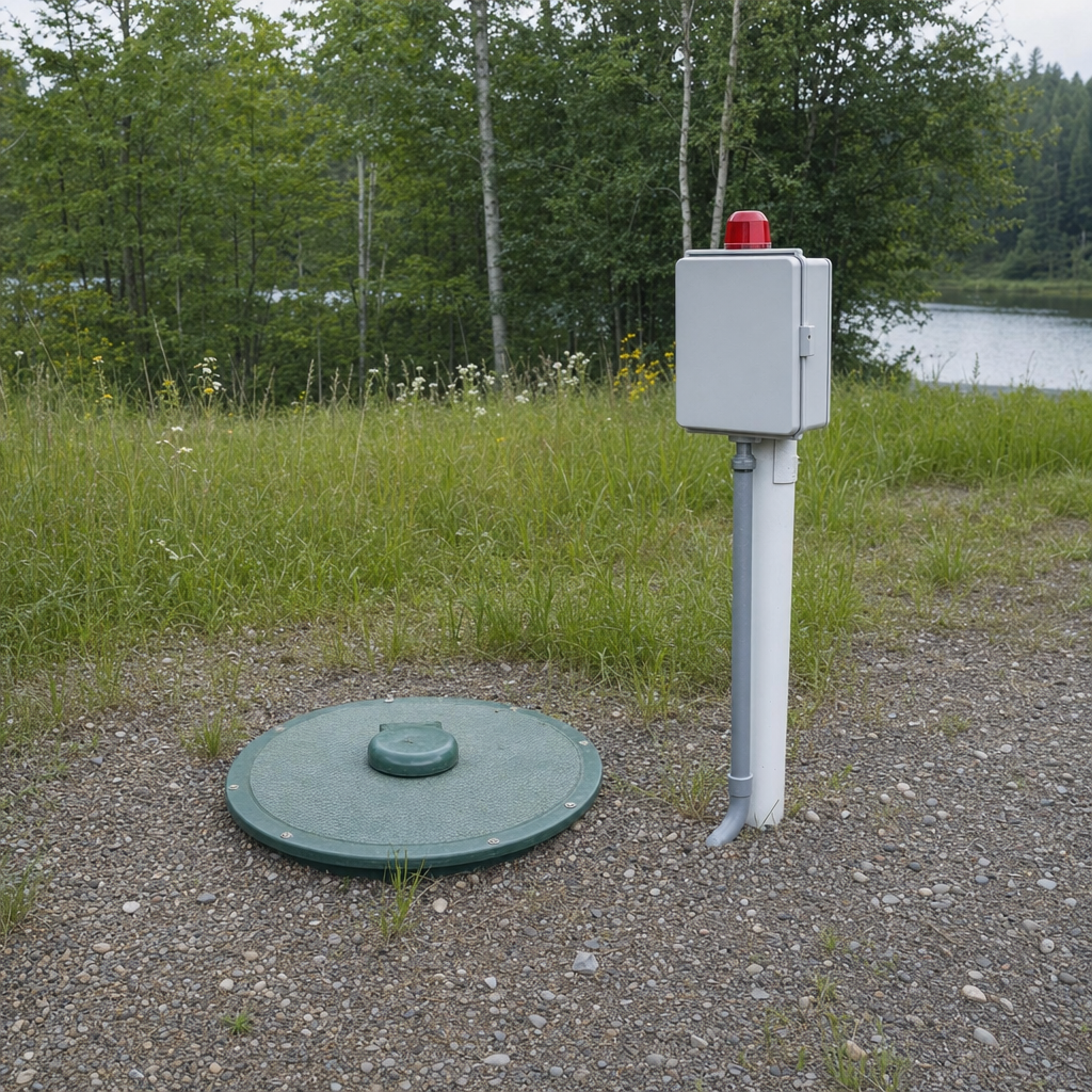 A wastewater holding tank access lid set in the ground at a rural Denver-area cabin, with a mounted high-level float alarm panel nearby