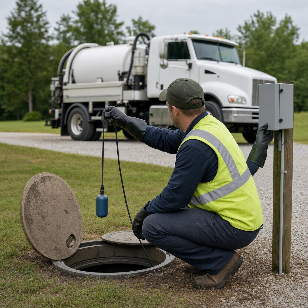 A septic technician in a high-visibility vest checking a high-level float switch and alarm panel on a holding tank at a rural Denver-area site