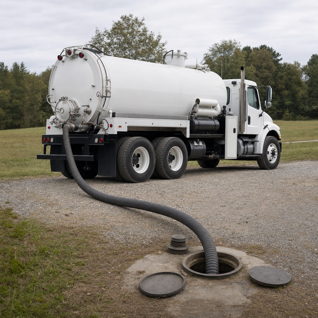 An unmarked white vacuum truck emptying a wastewater holding tank on a scheduled visit at a rural Denver-area property, thick suction hose running to the tank lid