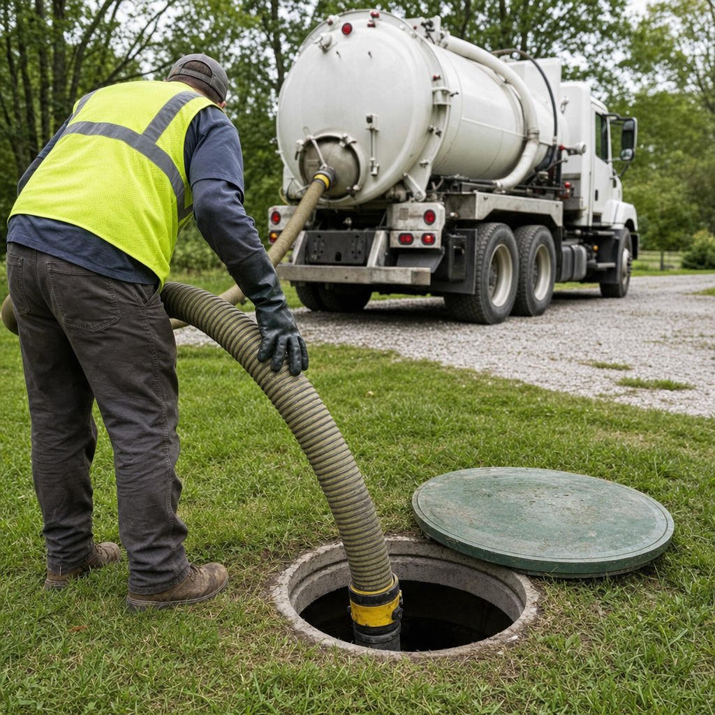 A septic technician guiding a ribbed suction hose into an open tank lid during a backyard pump-out