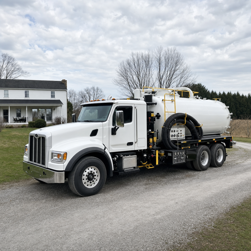 A clean white septic vacuum truck parked on a tidy Denver driveway with the suction hose neatly coiled