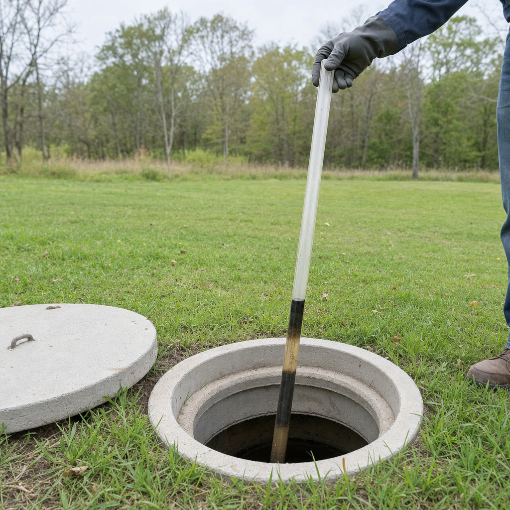A septic sludge-judge measuring stick lowered into an open Denver septic tank to read the depth of the sludge and scum layers before deciding whether a pump-out is due