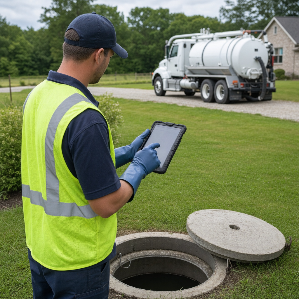 A septic technician recording a Denver home's pump-out date and tank condition on a tablet beside an open access lid, tracking the service history that sets the next due date