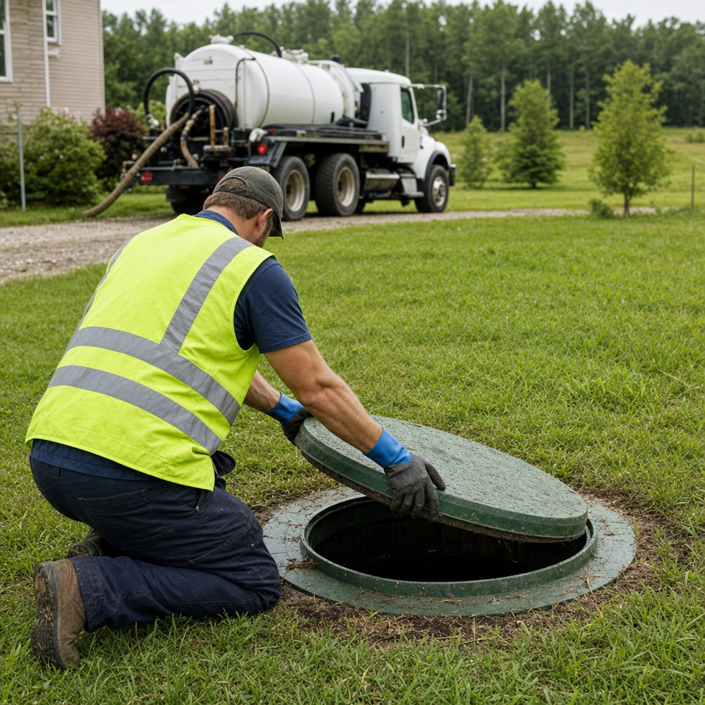 Septic technician kneeling on a Denver lawn, lifting the access lid on a residential septic tank