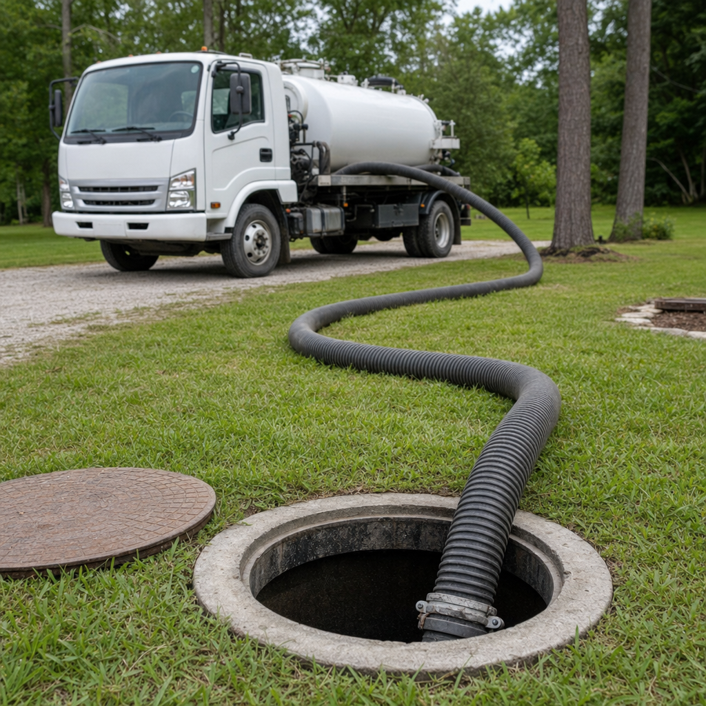 Thick ribbed suction hose lowered into a clean open septic tank port on a tidy Denver backyard lawn