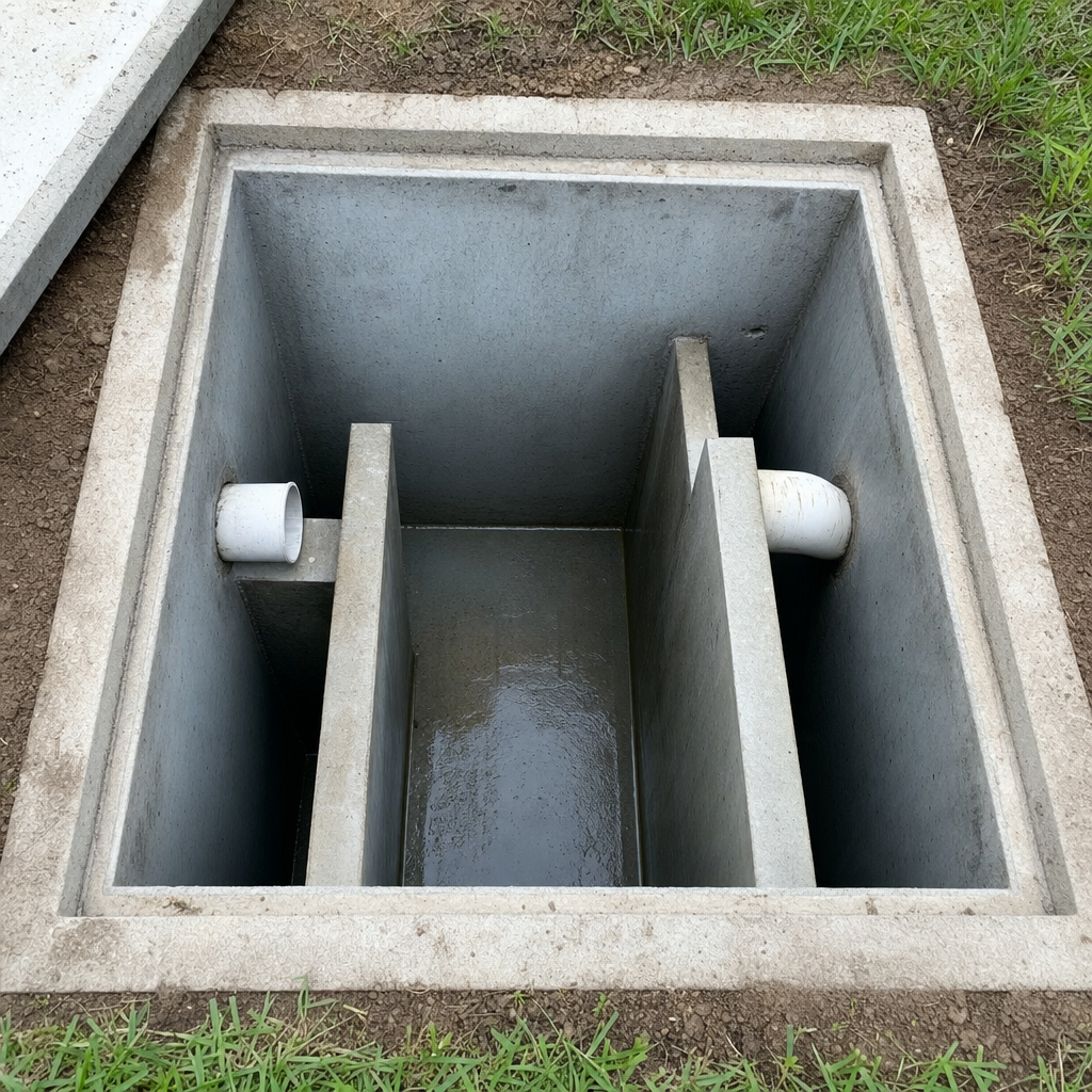 Inspection of the concrete baffles inside an open, emptied and freshly cleaned Denver septic tank