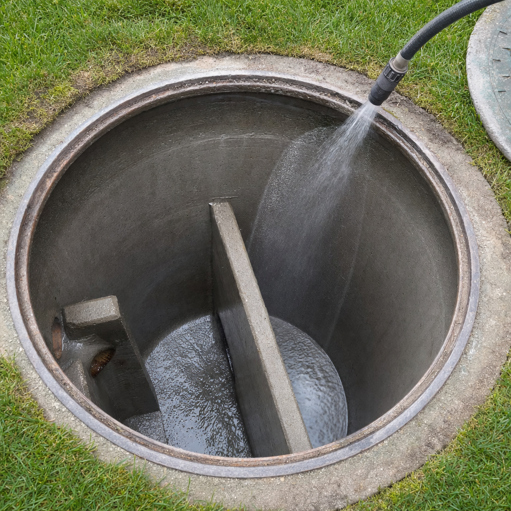 Interior concrete walls of an emptied Denver septic tank being rinsed clean with the truck's onboard water hose