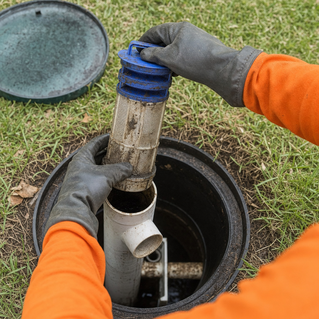 Septic technician's gloved hands lifting the effluent filter cartridge out of the outlet housing on a Denver septic tank