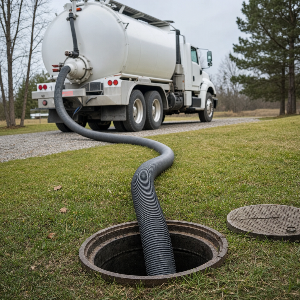 Thick ribbed suction hose drawing sludge and scum out of an open residential septic tank port