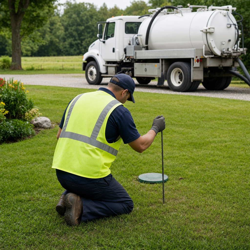 Septic technician kneeling on a Denver lawn, probing to locate and measure the depth of a buried septic tank lid before pumping