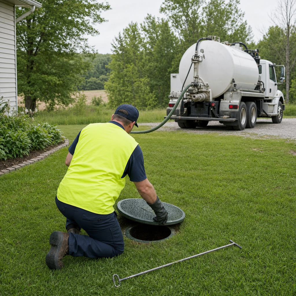 Septic technician kneeling on a Denver lawn, lifting the buried access lid on a residential septic tank