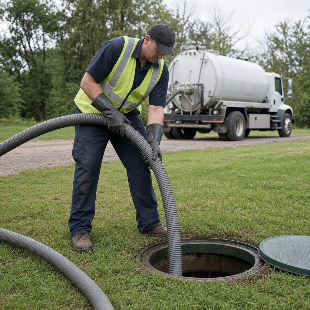 A septic technician in high-visibility gear guiding the suction hose beside the vacuum truck at a suburban home
