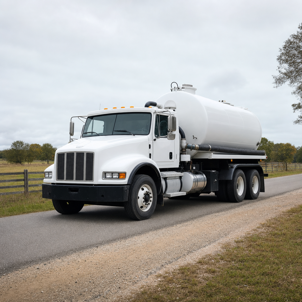 A clean white septic pumping truck on a rural gravel road, ready to serve properties beyond the sewer grid