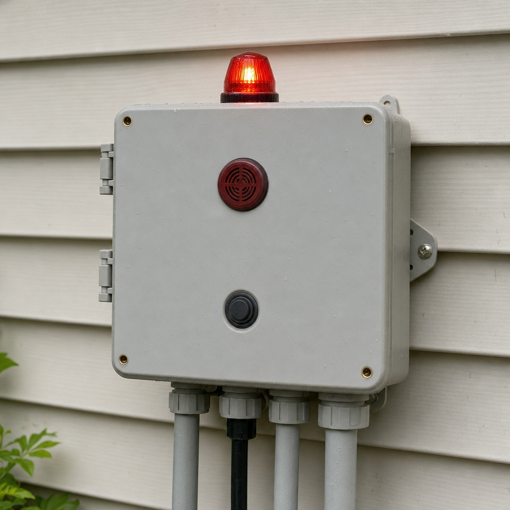 An aerobic septic system control panel mounted outside a Denver home with its red high-water alarm light lit