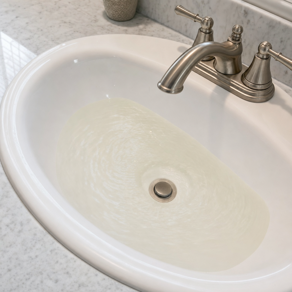 A bathroom sink draining slowly with water pooled in the basin, an early warning sign that a Denver septic tank is full